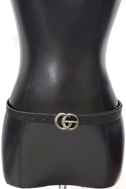 CG double ring antique silver buckle faux leather belt black one size.