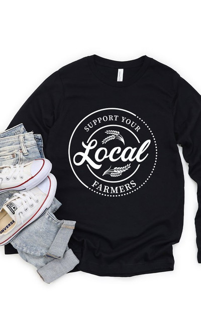 Support local farmers black long sleeve tee