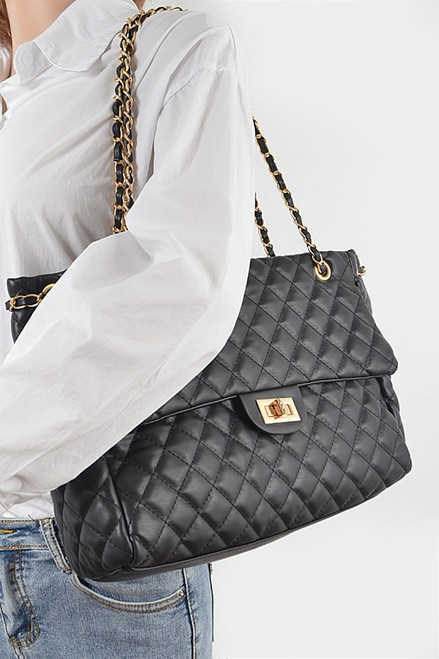 Black Quilted Chain Handbag Front Pocket Zipper Closure Very Large Bag, Exquisite Luxurious Head Turning Handbag