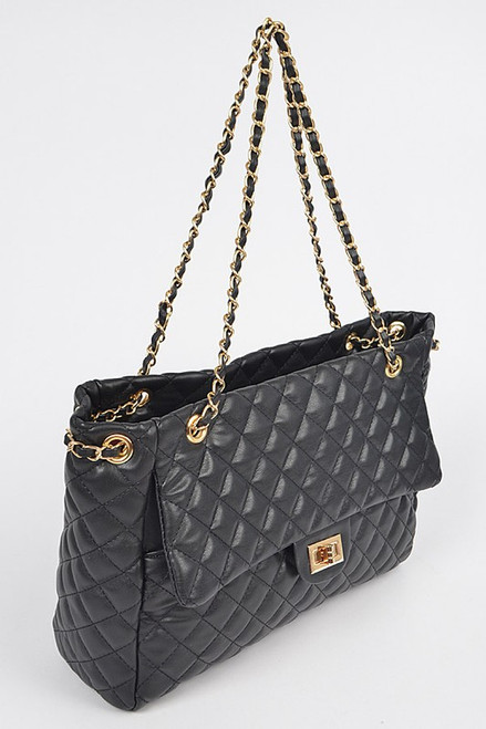 Black Quilted Chain Handbag Front Pocket Zipper Closure Very Large Bag, Exquisite Luxurious Head Turning Handbag