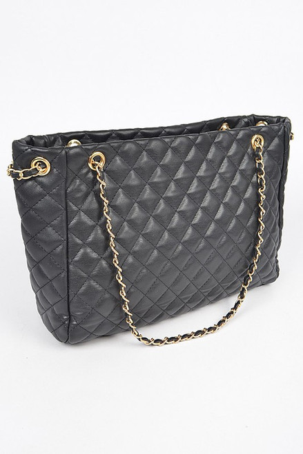 Black Quilted Chain Handbag Front Pocket Zipper Closure Very Large Bag, Exquisite Luxurious Head Turning Handbag