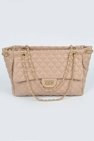 Nude Quilted Chain Handbag Front Pocket Zipper Closure Very Large Bag, Exquisite Luxurious Head Turning Handbag