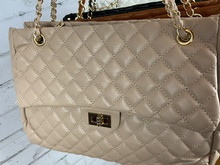 Nude Quilted Chain Handbag Front Pocket Zipper Closure Very Large Bag, Exquisite Luxurious Head Turning Handbag