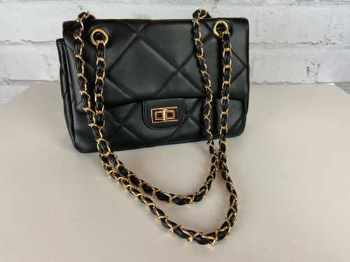 Black Quilted Wide Chain Handbag  Square Quilted Pattern Shoulder or Cross Body Customizable Chain Strap