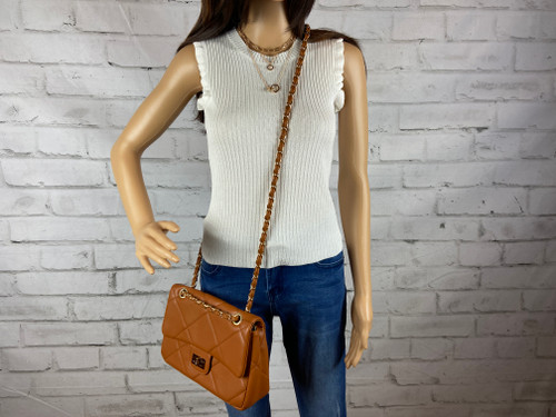 Camel Quilted Wide Chain Handbag  Square Quilted Pattern Shoulder or Cross Body Customizable Chain Strap