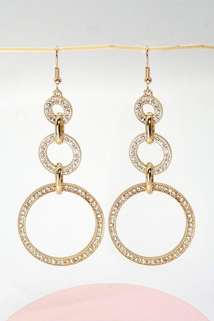 vintage-style earrings, featuring linear triple circle drop earrings filled with rhinestones.