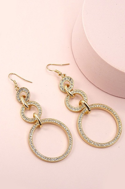 vintage-style earrings, featuring linear triple circle drop earrings filled with rhinestones.