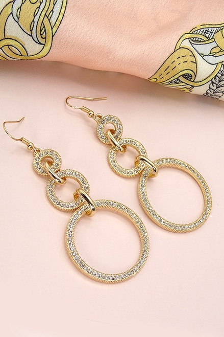 vintage-style earrings, featuring linear triple circle drop earrings filled with rhinestones.