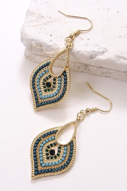 Teal Moroccan beads fishhook back earrings gold plated highly polished.