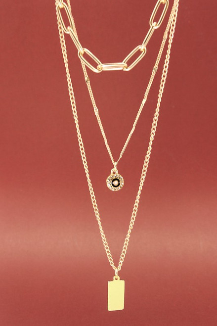 Triple layer necklace gold plated rhinestone pendant dog tag pendant, rectangle triple layer with layer of dog tag pendant and rhinestone pendant necklace