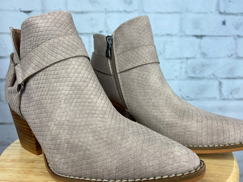 Snake taupe bootie side zipper unique outside design medium heel