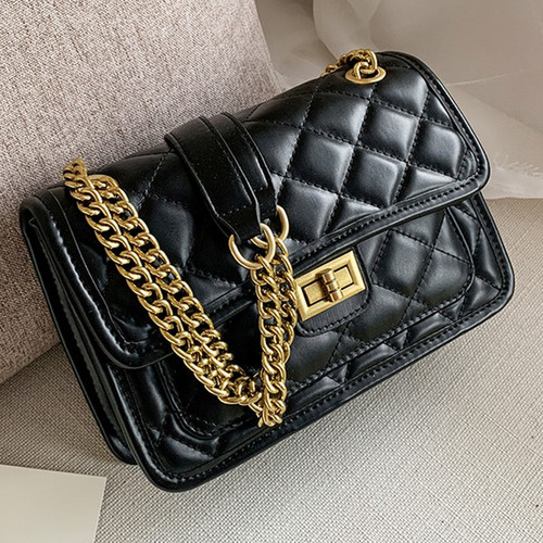 Black quilted shoulder bag gold chain lozenge pattern embossed shoulder bag. Size 8.7 X 5.9 X 2.8 in.