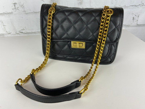 Black quilted shoulder bag gold chain lozenge pattern embossed shoulder bag. Size 8.7 X 5.9 X 2.8 in.