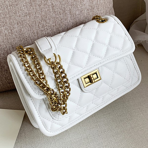 White quilted shoulder bag gold chain lozenge pattern embossed shoulder bag