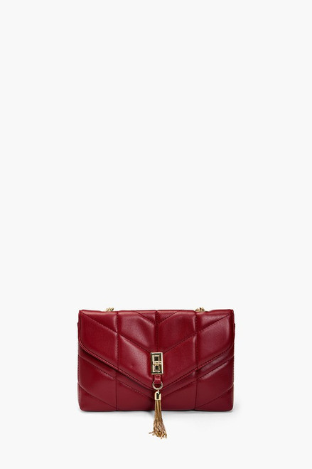 Red quilted crossbody envelope shape gold hardware front tassel detail
