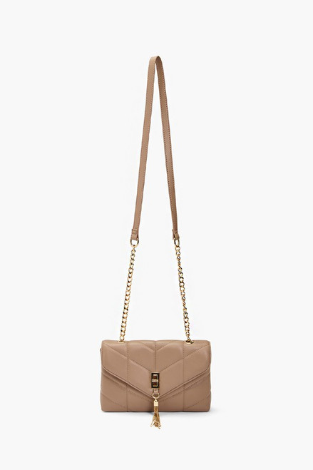Taupe quilted crossbody envelope shape gold hardware front tassel detail