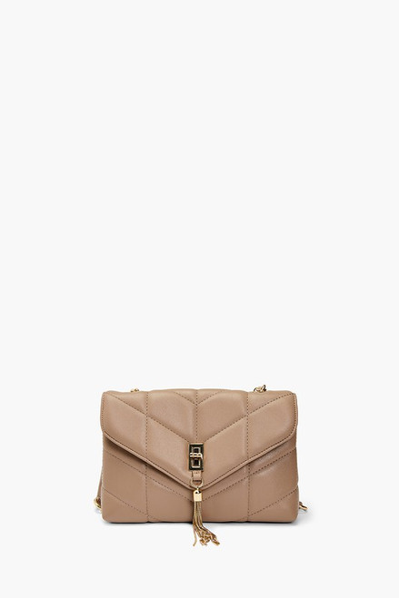 Taupe quilted crossbody envelope shape gold hardware front tassel detail