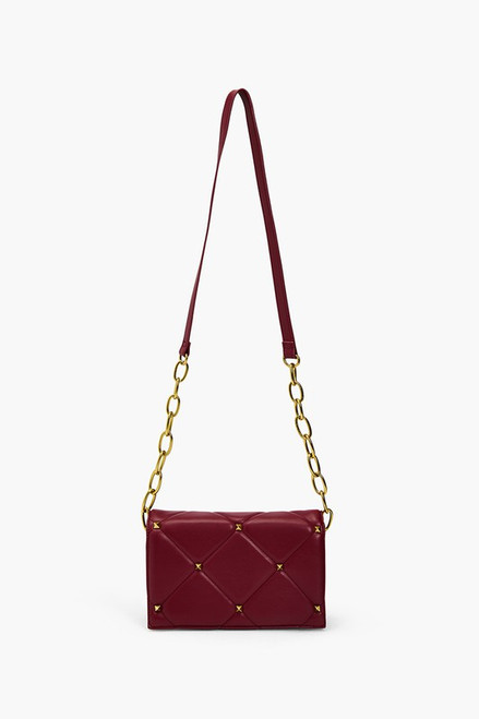 Dark Red Baguette Crossbody Premium Vegan Leather Quilted Stitching Accessorized with Gold Rhinestone Studs Chain Links.