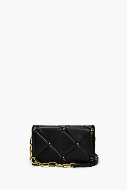 Black Baguette Crossbody Premium Vegan Leather Quilted Stitching Accessorized with Gold Rhinestone Studs Chain Links
