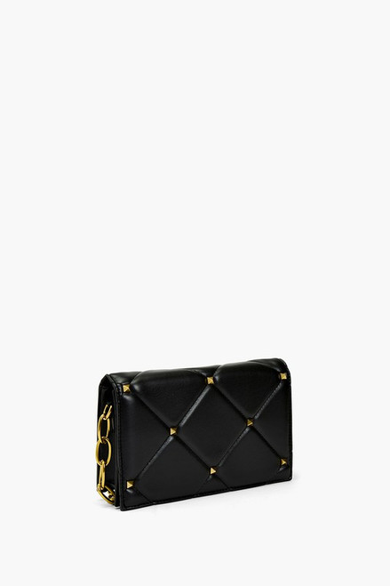 Black Baguette Crossbody Premium Vegan Leather Quilted Stitching Accessorized with Gold Rhinestone Studs Chain Links