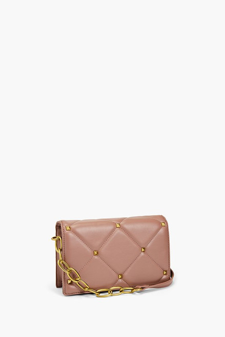 Mauve pink baguette Crossbody premium vegan leather quilted stitching accessorize with gold rhinestone studs chain links magnetic snap opening