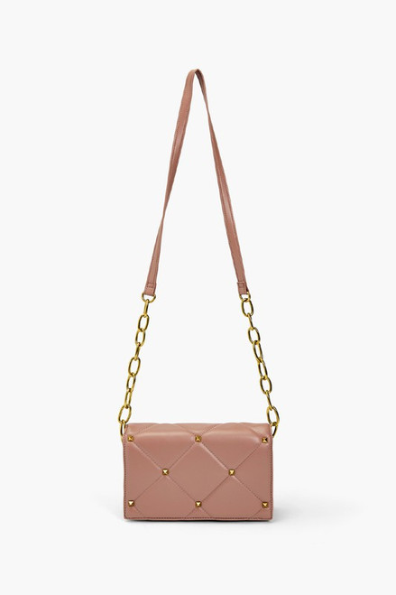 Mauve pink baguette Crossbody premium vegan leather quilted stitching accessorize with gold rhinestone studs chain links magnetic snap opening