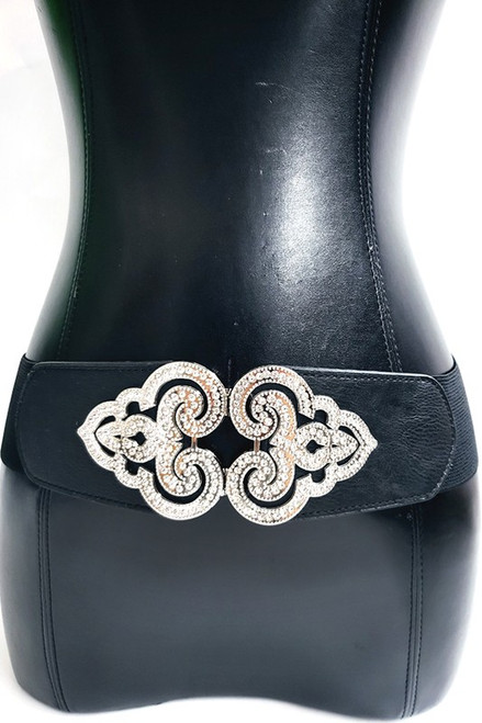 Black elastic wide belt bow and silver buckle rhinestones one size