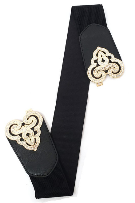 Black elastic wide belt bow and gold buckle rhinestones one size