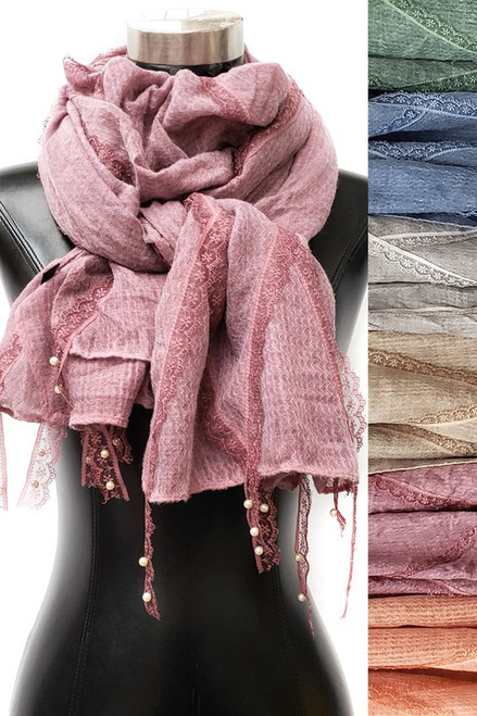 Bohemian Embroidered with lace, pearl & tassel Long Oblong Wrap Shawl Scarf in Sage, Blue, Sand, Berry, Rust