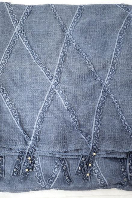 Bohemian Embroidered with lace, pearl & tassel Long Oblong Wrap Shawl Scarf Blue