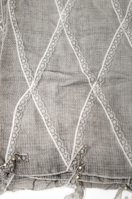 Bohemian Embroidered with lace, pearl & tassel Long Oblong Wrap Shawl Scarf Grey