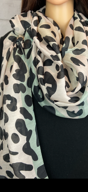 Beige & Soft Teal  Leopard Animal Print scarf. Long Oblong Scarf Size: 72X34"