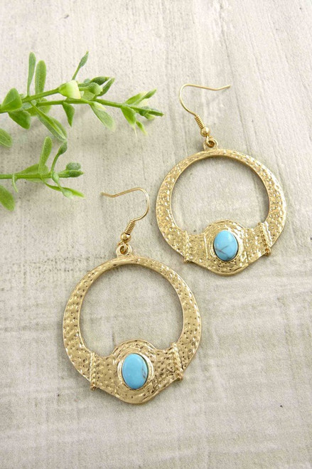 Round hammered earrings Fashion Gold with fashion turquoise stone