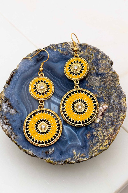 Mustard yellow color medallion earrings with enamel and rhinestones