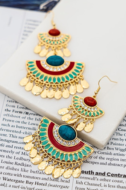BoHo colorful statement earrings with stones, rhinestones and metal drops
