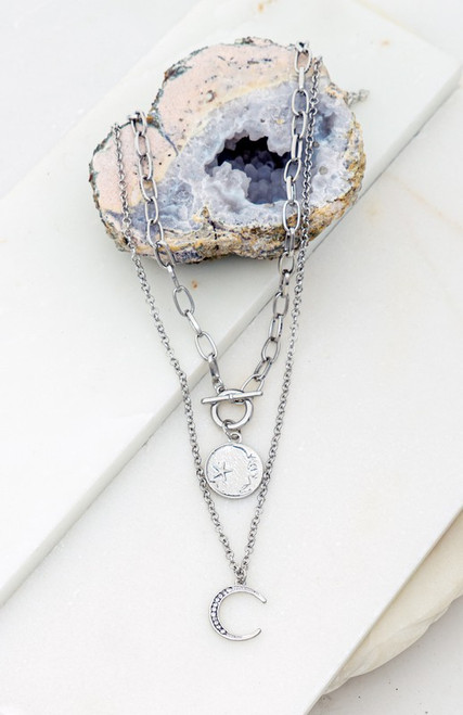 Dual necklace set with moon and star coin crescent pendants Silver tone