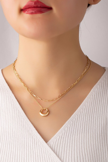 Two row delicate chain necklace with puffy hoop pendant in gold tone