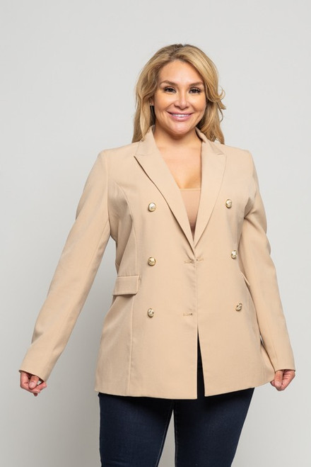 Plus size spandex double button blazer jacket in black or beige