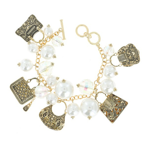 Antique Gold tone handbag multi charm pearl bracelet