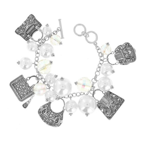 Antique Silver tone handbag multi charm pearl toggle bracelet