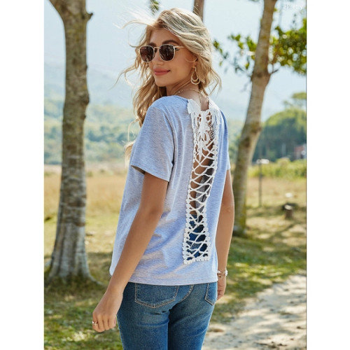 Lace Back Detail Gray T-Shirt