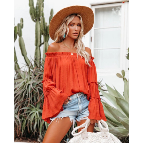 Flare sleeve loose top solid color off the shoulder orange red