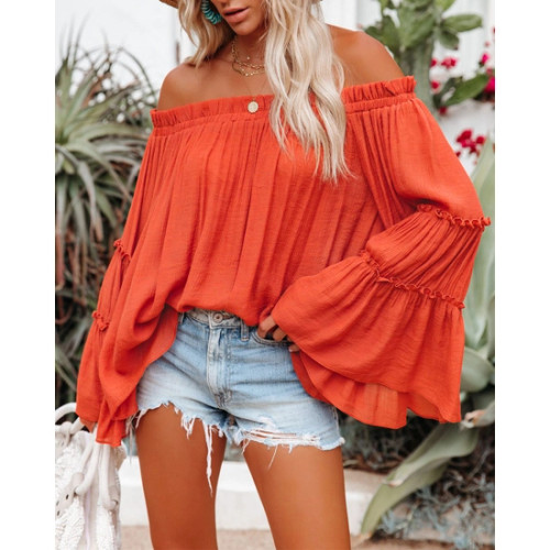Flare sleeve loose top solid color off the shoulder orange red