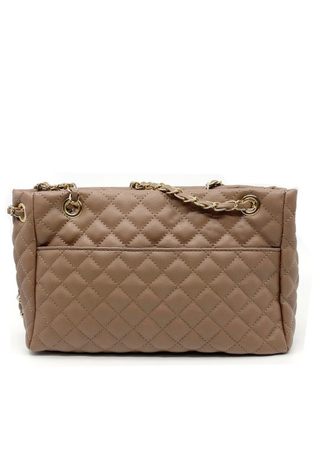 Mocha Quilted Chain Handbag Front Pocket Zipper Closure Back easy access pocket Medium to Large  size Bag, Exquisite Luxurious Head Turning Handbag