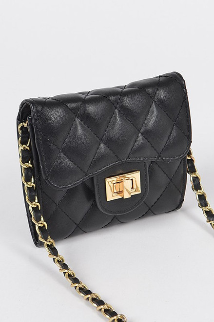 Black quilted Crossbody wallet 4.25 wide by 3.75 high by 1.25 deep polyurethane, mixed metal