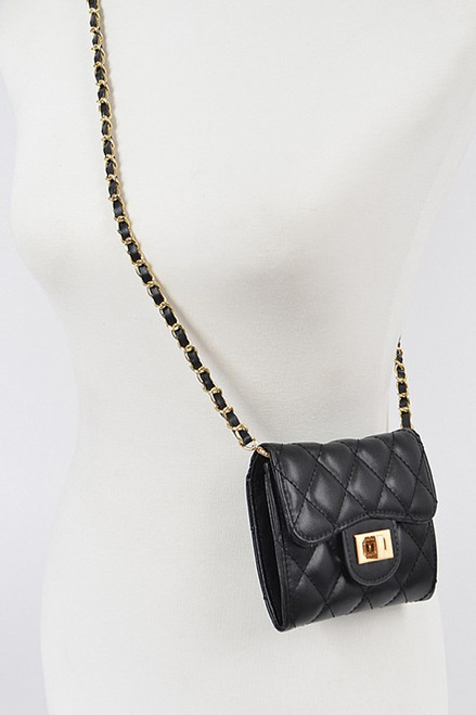 Black quilted Crossbody wallet 4.25 wide by 3.75 high by 1.25 deep polyurethane, mixed metal