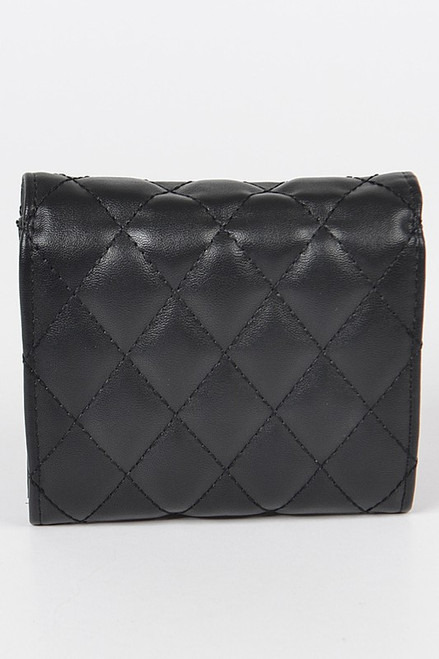 Black quilted Crossbody wallet 4.25 wide by 3.75 high by 1.25 deep polyurethane, mixed metal