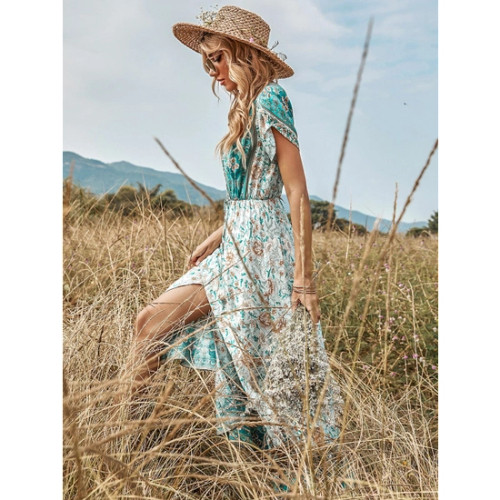 Tulip sleeve BoHo dress light teal blue