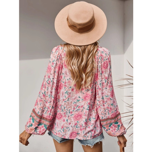 Floral BoHo V-neck loose long sleeve elastic cuff sleeves tunic blouse summer gypsy hippie bohemian flower shirt