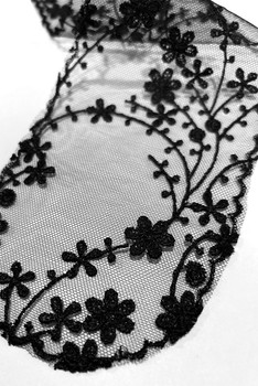 Prayer Veil - Black Lace - Cherry Blossoms - 3 1/4" - Straight